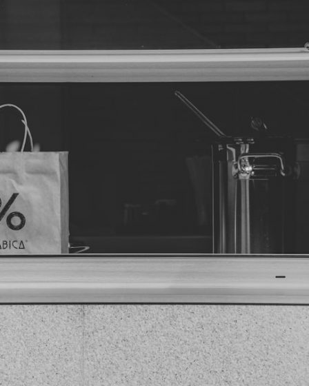 A black and white photo of a shopping bag in a window