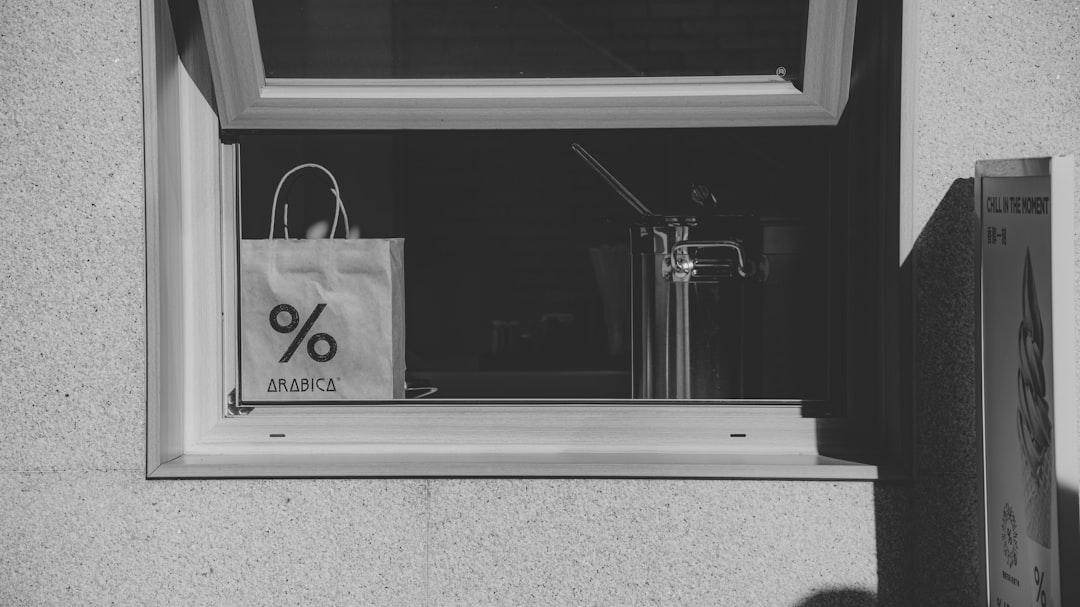 A black and white photo of a shopping bag in a window