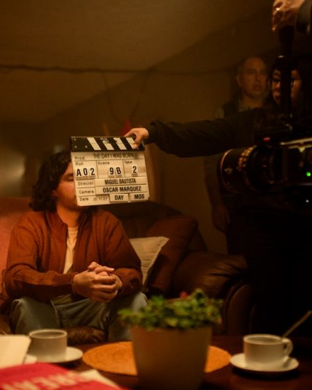 A film crew is preparing to shoot a scene